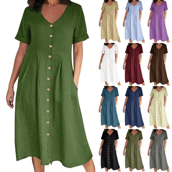 Sophie™ - Retro V-Neck Cotton Linen Loose Summer Dress